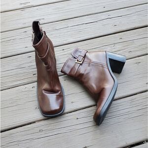 Vintage 90s y2k Bratz Brown Vegan Leather Chunky Heel Square Toe Ankle Boots 9.5